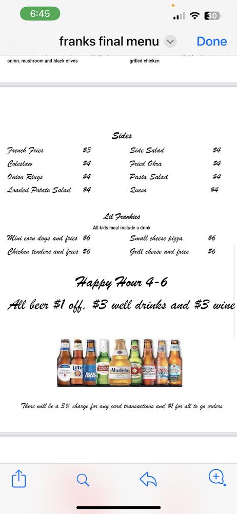 Frank's Pub and Grille Menu image 4